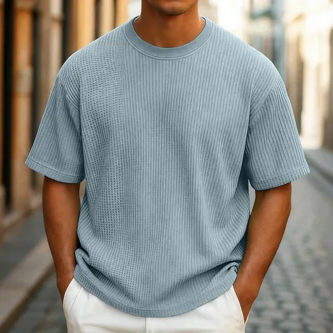 Men's Casual Waffle Knit T-Shirt Solid Color Short Sleeve Round Neck Loose Fit Lightweight Pullover Top For Daily Summer Wear