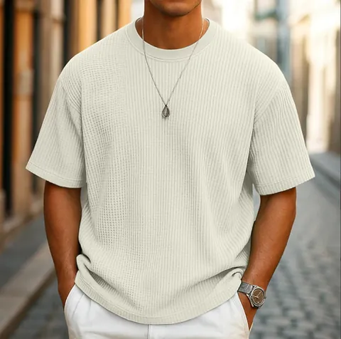 Men's Casual Waffle Knit T-Shirt Solid Color Short Sleeve Round Neck Loose Fit Lightweight Pullover Top For Daily Summer Wear