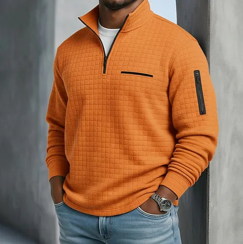 Polo à Manches Longues pour Hommes Texture en Damier Pull à Quart de Zip Avec Poche Zippée sur le Bras Sweatshirt de Sport Décontracté
