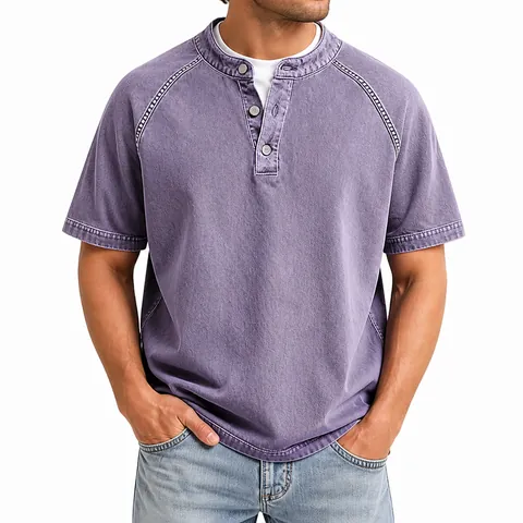 Chemise Henley en Coton pour Hommes Vintage Manches Courtes Haut Lavé Délavé Style Rétro Américain Couleur Unie T-Shirt Casual Top