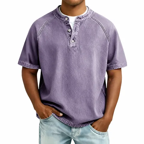 Camicia Henley da Uomo Vintage in Cotone a Manica Corta Top Lavato Distressed Stile Retro Americano Tinta Unita Casual Tee Top
