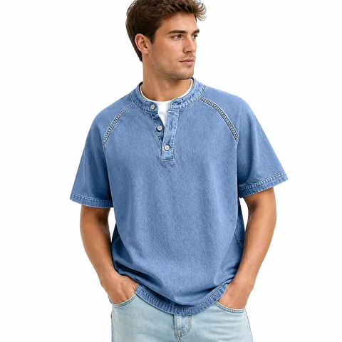 Chemise Henley en Coton pour Hommes Vintage Manches Courtes Haut Lavé Délavé Style Rétro Américain Couleur Unie T-Shirt Casual Top