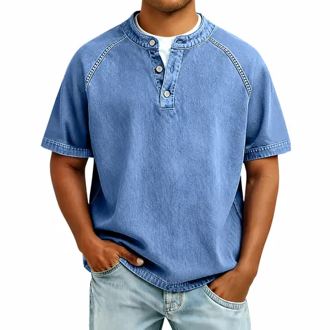 Camicia Henley da Uomo Vintage in Cotone a Manica Corta Top Lavato Distressed Stile Retro Americano Tinta Unita Casual Tee Top