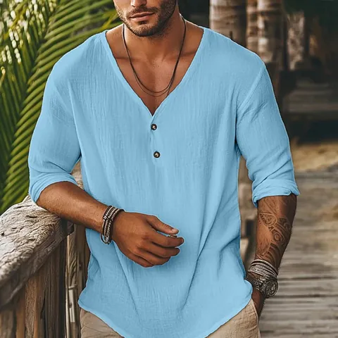 Men Casual Long Sleeve Hawaiian Shirt V Neck Button Down Beach Shirt Loose Breathable Top Summer Fashion Solid Color Lightweight Shirt