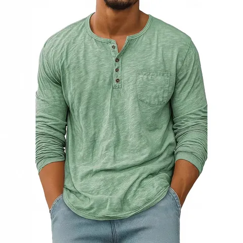 Men's American Casual Long Sleeve Henley Shirt Breathable Quick Dry Solid Color Slub Texture T-Shirt With Chest Pocket Top