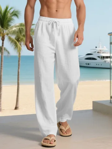 Men's Casual Cotton Drawstring Pants Loose Breathable Straight Leg Trousers For Summer Beach Vacation Daily Wear