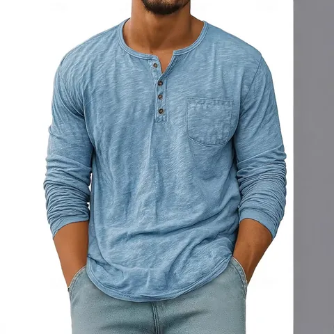 Men's American Casual Long Sleeve Henley Shirt Breathable Quick Dry Solid Color Slub Texture T-Shirt With Chest Pocket Top