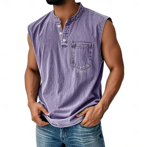 Men's Cotton Washed Distressed Henley Tank Top With Buttons And Pocket Casual Fitness Sleeveless Top Vintage Sport Vest