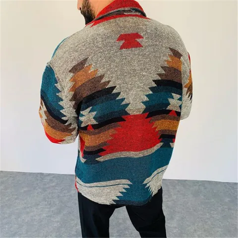 Men Vintage Aztec Geometric Print Shirt Jacket Long Sleeve Casual Button Down Lapel Cardigan Top For Autumn Winter