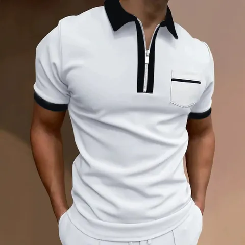 Men Slim Fit Polo Shirt Zipper Lapel Short Sleeve Contrast Trim Pocket Casual Top Polyester Fashion Patchwork Summer Sport Tee