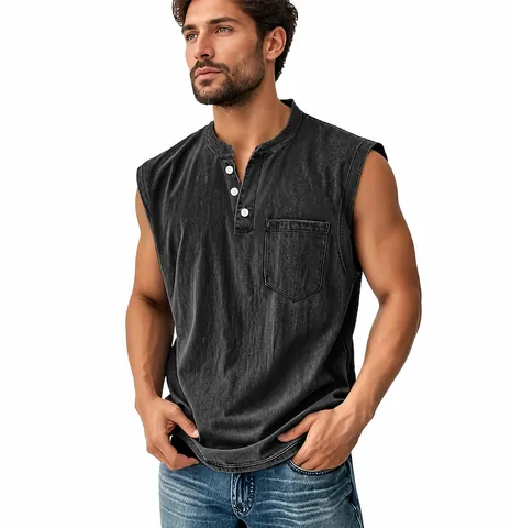 Men's Cotton Washed Distressed Henley Tank Top With Buttons And Pocket Casual Fitness Sleeveless Top Vintage Sport Vest