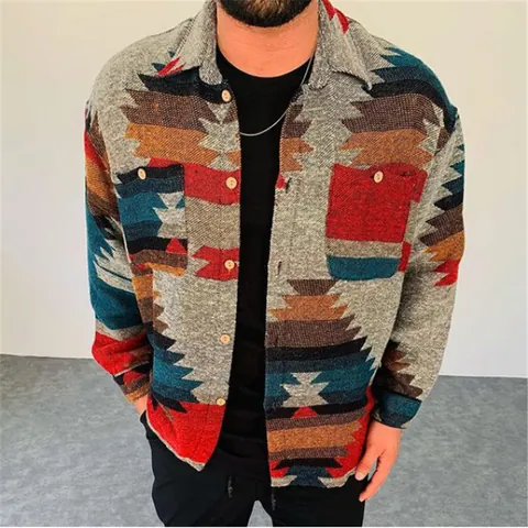 Men Vintage Aztec Geometric Print Shirt Jacket Long Sleeve Casual Button Down Lapel Cardigan Top For Autumn Winter