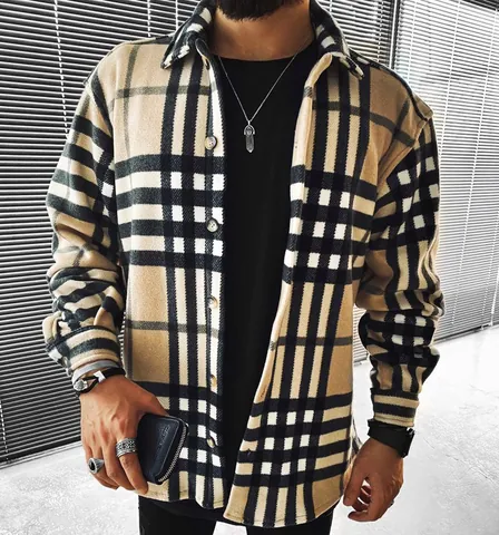 Men's Casual Plaid Long Sleeve Shirt Slim Fit Turn-down Collar Button Down Flannel Texture Streetwear Top For Autumn