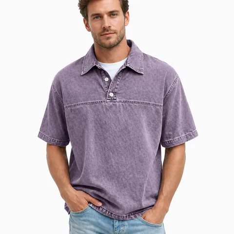 Polo Homme en Coton Délavé Vintage Manches Courtes Couleur Unie Revers Top Vêtements Décontractés