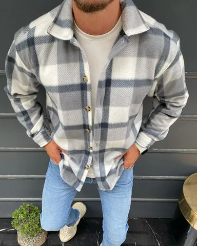 Men's Casual Plaid Long Sleeve Shirt Slim Fit Turn-down Collar Button Down Flannel Texture Streetwear Top For Autumn