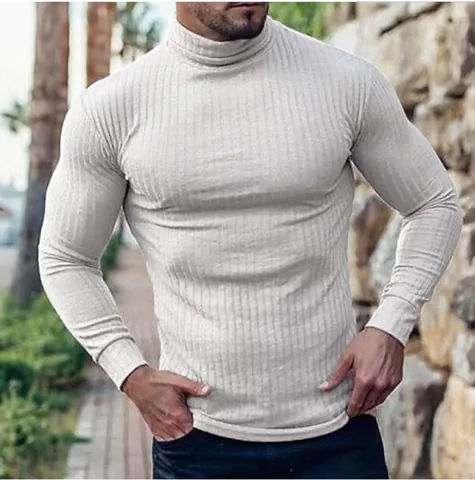 Men Slim Fit Mock Neck Long Sleeve T-Shirt Winter Ribbed Knit Muscle Fitness Undershirt Solid Color Athletic Base Layer Top