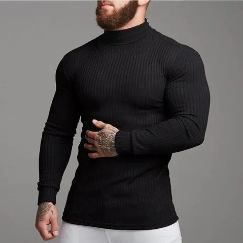 Men Slim Fit Mock Neck Long Sleeve T-Shirt Winter Ribbed Knit Muscle Fitness Undershirt Solid Color Athletic Base Layer Top