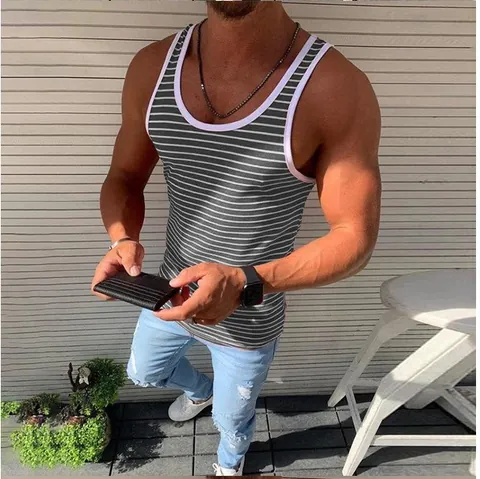 Men's Striped Athletic Tank Top Polyester Breathable Running Gym Sleeveless Shirt Casual Loose Sport Vest With Contrast Binding
