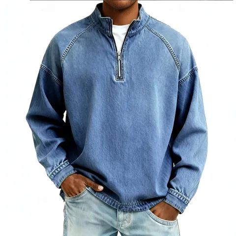 Camiseta de Manga Larga Henley de Algodón Lavado Retro Americano para Hombre Media Cremallera Casual Suelta Color Sólido