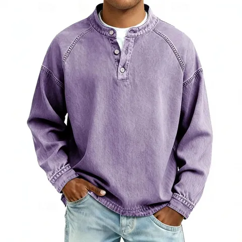 Top de Manga Larga para Hombre Estilo Retro Americano con Cuello Henley Lavado Desgastado Color Sólido Corte Holgado de Poliéster