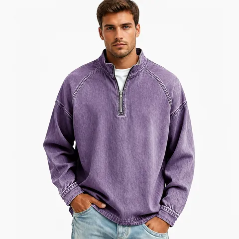 Camiseta de Manga Larga Henley de Algodón Lavado Retro Americano para Hombre Media Cremallera Casual Suelta Color Sólido