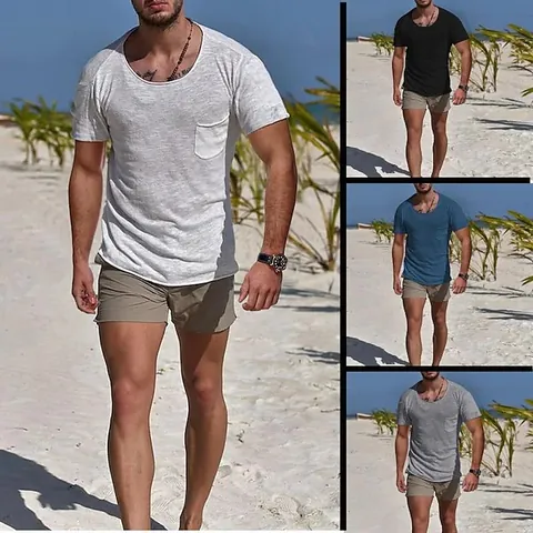 Herren Casual Baumwolle T-Shirt Rundhals Kurzarm Basic Einfarbig Top Mit Brusttasche Sommer Weich Alltagskleidung