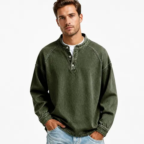 Top de Manga Larga para Hombre Estilo Retro Americano con Cuello Henley Lavado Desgastado Color Sólido Corte Holgado de Poliéster