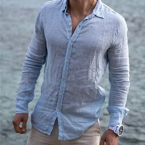 Men Casual Linen Blend Shirt Long Sleeve Lapel Button Down Solid Color Summer Lightweight Breathable Fashion Top Clothing