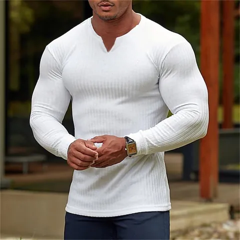 Men Casual Ribbed Cotton Long Sleeve T-Shirt Solid Color Slim Fit Henley Neck Base Layer Top For Autumn Winter