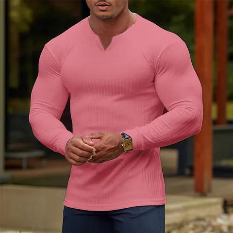 Men Casual Ribbed Cotton Long Sleeve T-Shirt Solid Color Slim Fit Henley Neck Base Layer Top For Autumn Winter