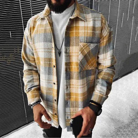 Camisa de Cuadros de Manga Larga de Poliéster para Hombre Ajuste Holgado Cuello Mao Estampada con Botones Y Bolsillo en el Pecho