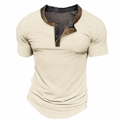 Camiseta Henley Casual de Manga Corta para Hombre Cuello Alto Color Sólido Botón Minimalista Europeo Mezcla de Algodón Poliéster