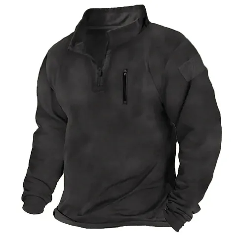 Sweat-shirt Tactique d'Extérieur pour Hommes Zip 1/4 Col Montant Couleur Unie Ample Chaud Respirant Top Avec Patch Velcro