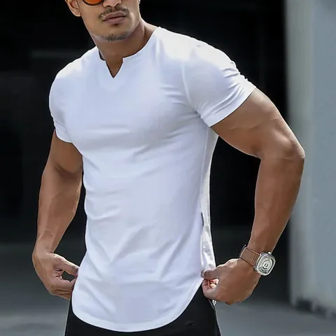 Men's Casual Slim Fit V-Neck Short Sleeve T-Shirt With Curved Hem Solid Color Cotton Blend Summer Knitted Muscle Top