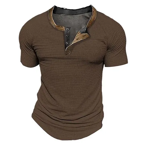 Camiseta Henley Casual de Manga Corta para Hombre Cuello Alto Color Sólido Botón Minimalista Europeo Mezcla de Algodón Poliéster