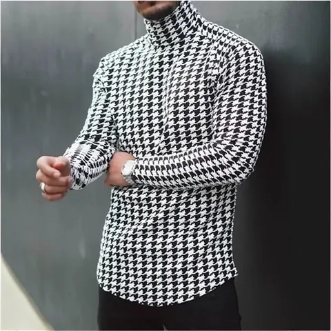 Men's Pullover High Neck Slim Fit Long Sleeve T-Shirt Cotton Blend Houndstooth Plaid Patterned Base Layer Top