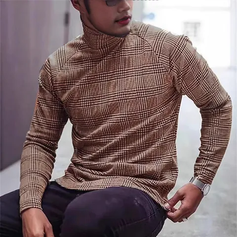 Men's Pullover High Neck Slim Fit Long Sleeve T-Shirt Cotton Blend Houndstooth Plaid Patterned Base Layer Top
