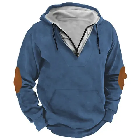 Men Casual Fashion Hooded Sweatshirt Cotton Blend Pullover With Elbow Patches Contrast Hood Lining Top For Autumn Winter