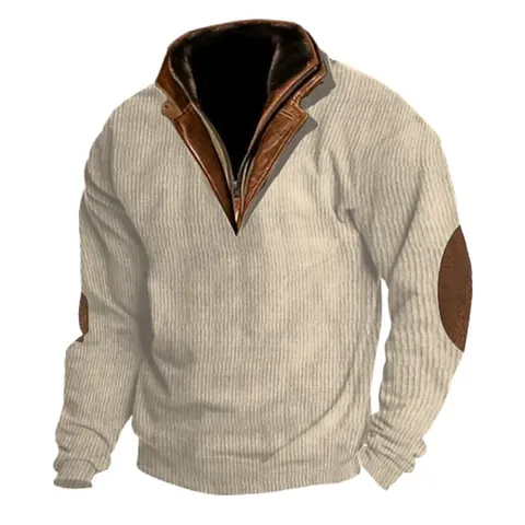 Men's Stand Collar Half Zip Tactical Sweatshirt Ribbed Texture Long Sleeve Top With Elbow Patches Outdoor Warm Casual Pullover
