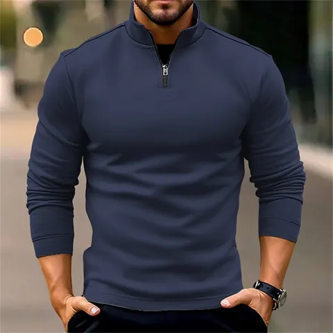 Polo Deportivo de Manga Larga con Media Cremallera para Hombre Sudadera de Poliéster Color Sólido Top Casual de Moda