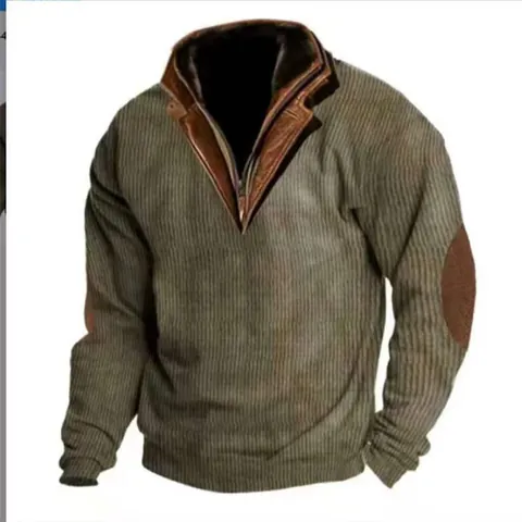 Men's Stand Collar Half Zip Tactical Sweatshirt Ribbed Texture Long Sleeve Top With Elbow Patches Outdoor Warm Casual Pullover