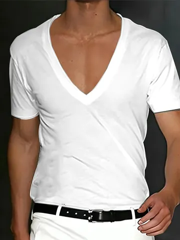 Camiseta de Hombre con Cuello en V de Poliéster Ajustada Manga Corta Top Casual Color Sólido Fina Transpirable Verano