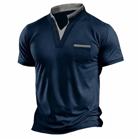 Men American Casual Henley T-Shirt Stand Collar Short Sleeve Loose Plus Size Top With Contrast Color Chest Pocket