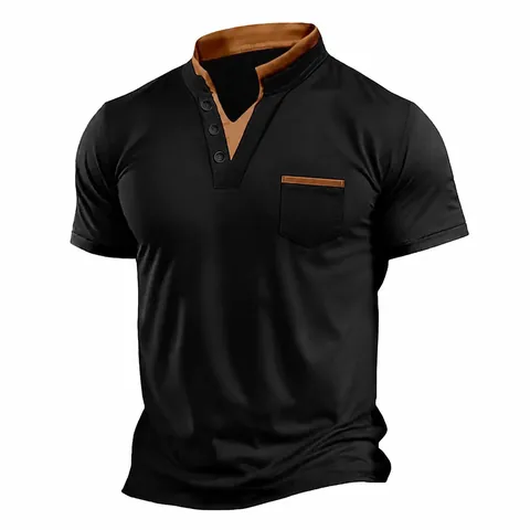 Men American Casual Henley T-Shirt Stand Collar Short Sleeve Loose Plus Size Top With Contrast Color Chest Pocket