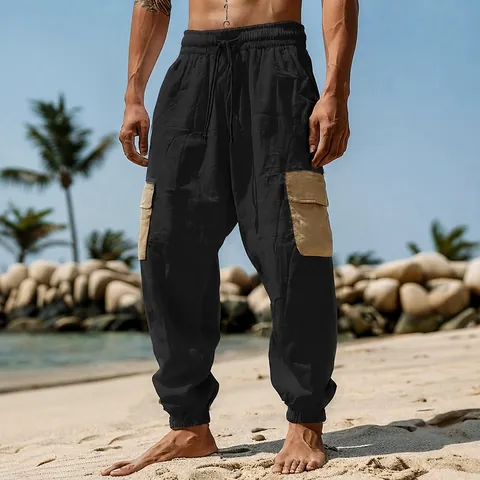Men Cotton Cargo Jogger Pants Casual Outdoor Beach Streetwear Trousers With Drawstring Elastic Waist Contrast Pockets