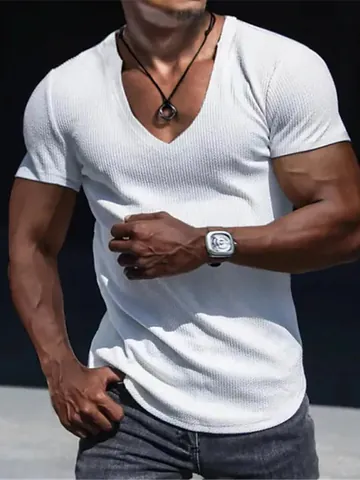 Γυναικείο Casual T-Shirt με Λαιμόκοψη V Κοντό Μανίκι Μείγμα Βαμβακιού Muscle Fit Υφή Ριγέ Μονόχρωμο Καλοκαιρινό Basic