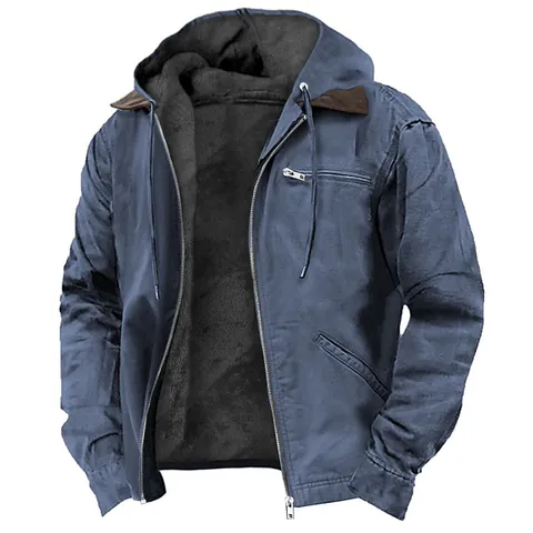 Men Casual Hooded Jacket Fleece Lined Thickened Winter Coat Zipper Pockets Solid Color Windproof Outerwear Top Cotton