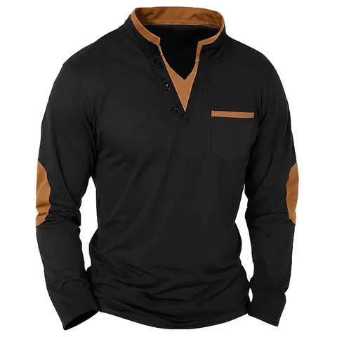 Men's Vintage Patchwork Henley T-Shirt Casual Outdoor Long Sleeve Cotton Blend Top With Chest Pocket And Elbow Patch