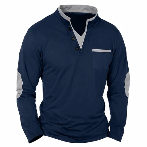 Men's Vintage Patchwork Henley T-Shirt Casual Outdoor Long Sleeve Cotton Blend Top With Chest Pocket And Elbow Patch