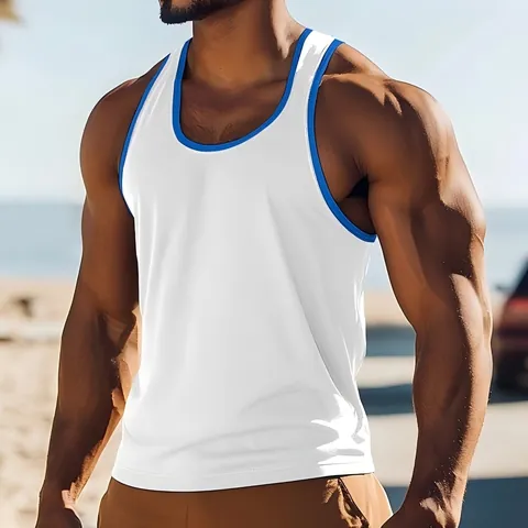 Men's American Style Slim Fit Tank Top Contrast Binding Polyester Sports Vest Breathable Gym Undershirt Summer Casual Sleeveless Top